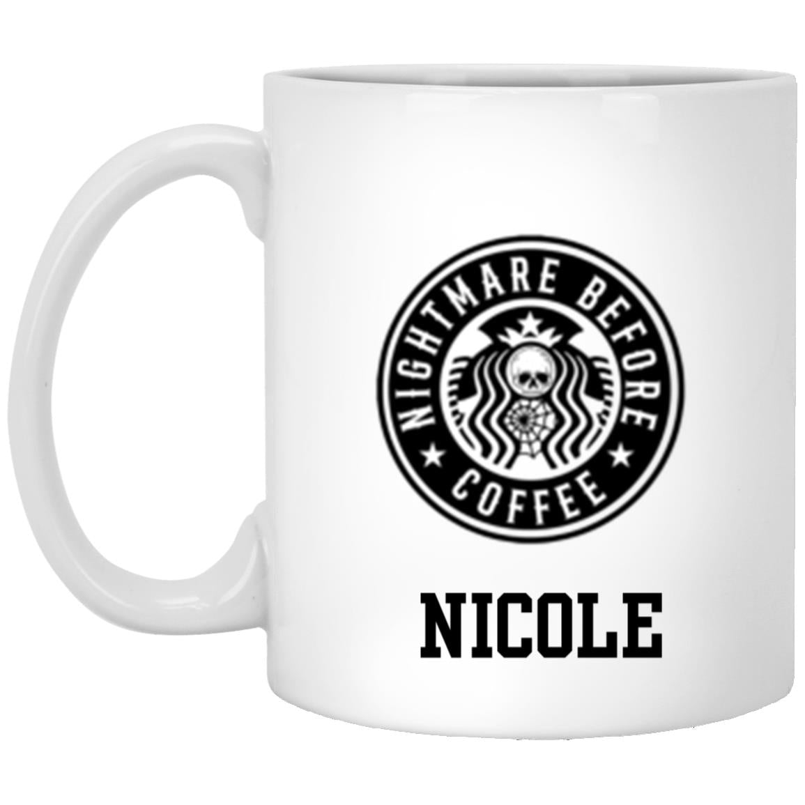 Personalized White Mug w/ Background Color "Nightmare Before Coffee"