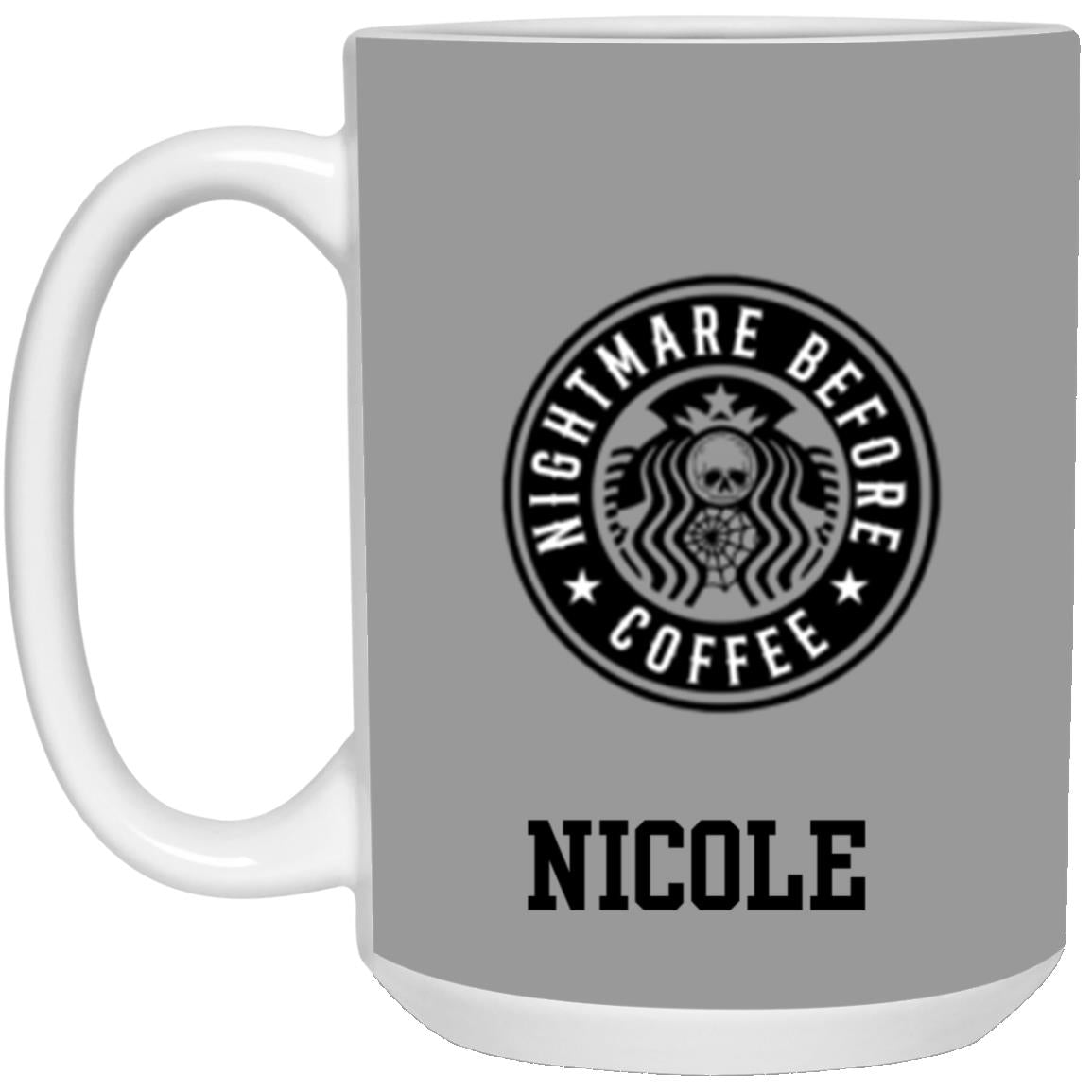 Personalized White Mug w/ Background Color "Nightmare Before Coffee"