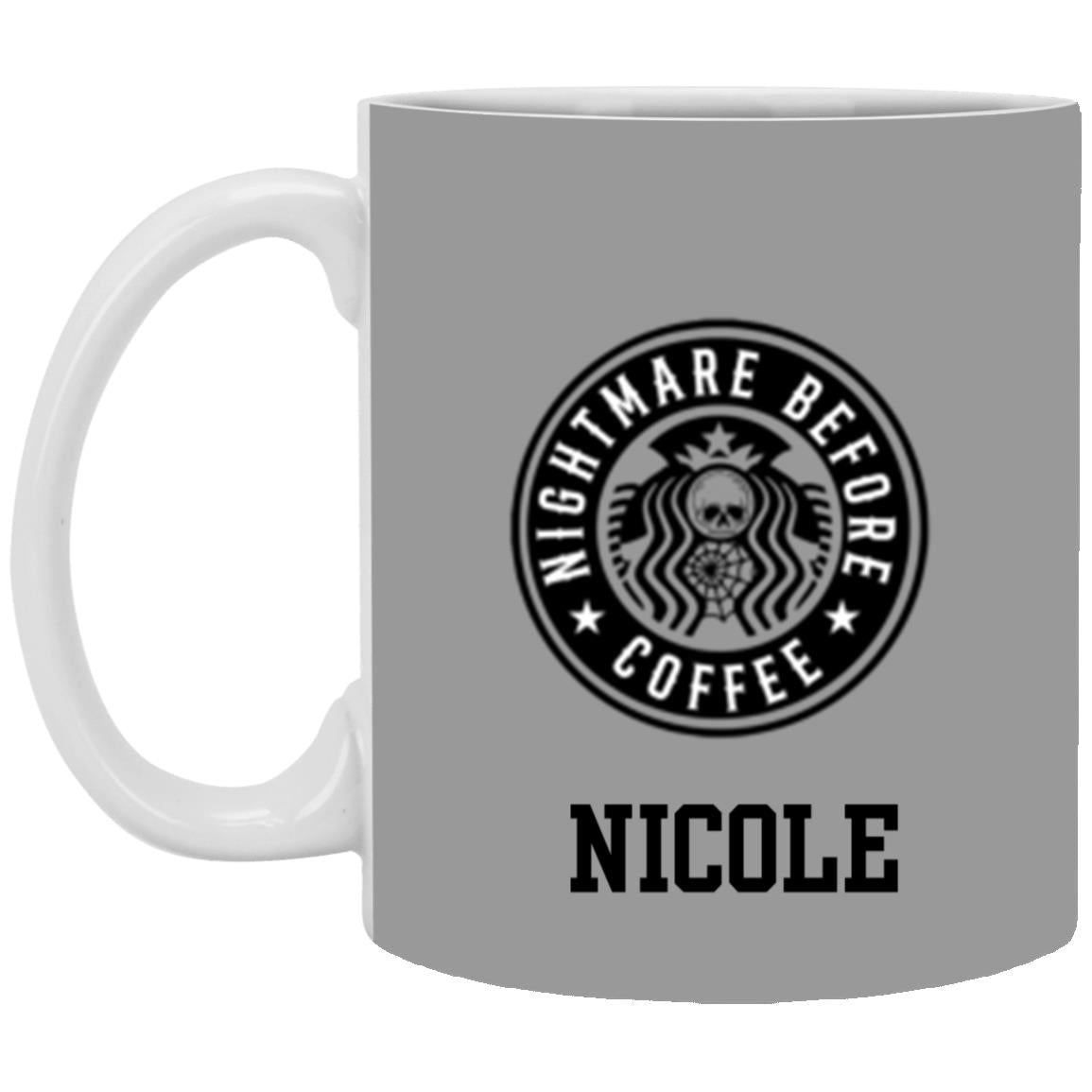 Personalized White Mug w/ Background Color "Nightmare Before Coffee"