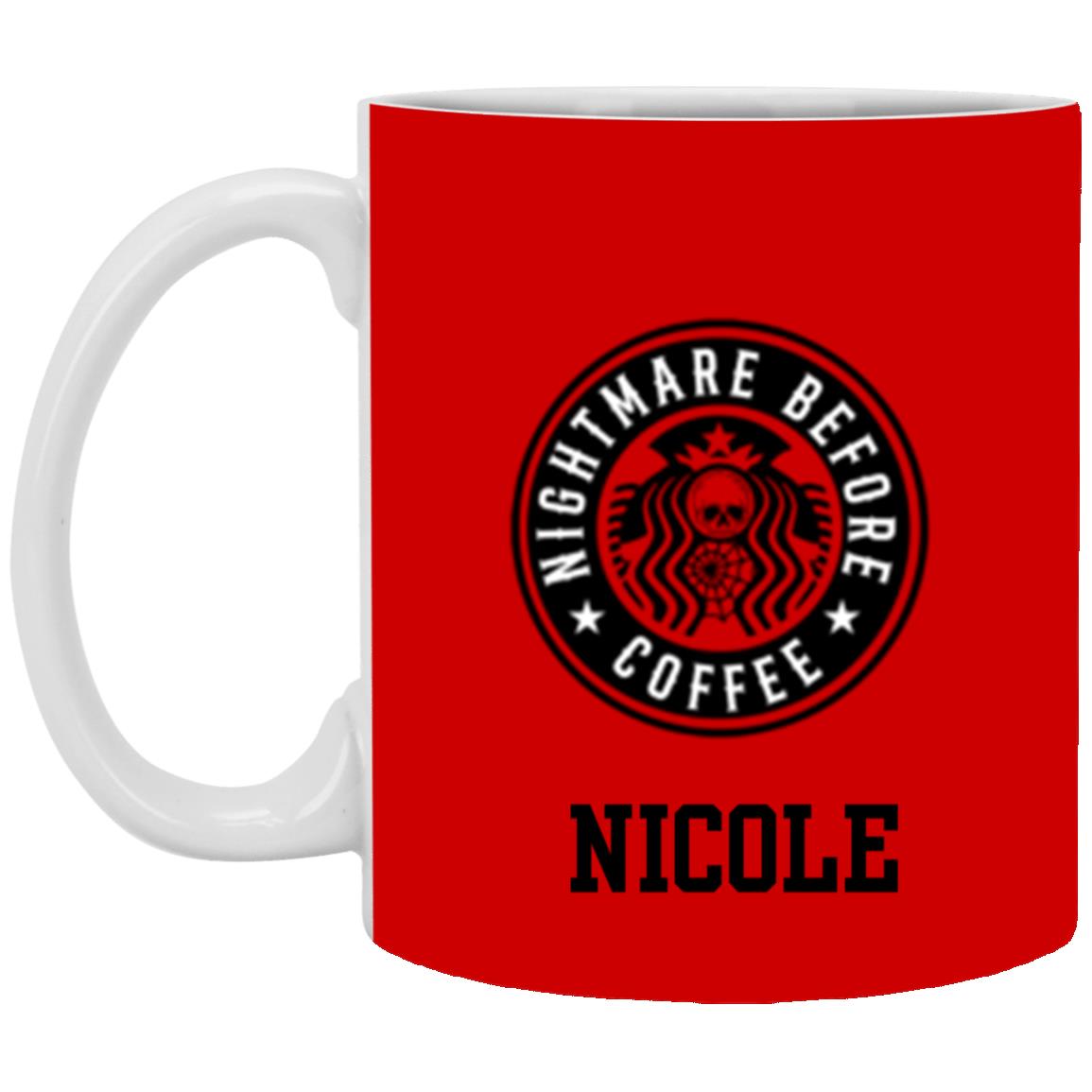 Personalized White Mug w/ Background Color "Nightmare Before Coffee"