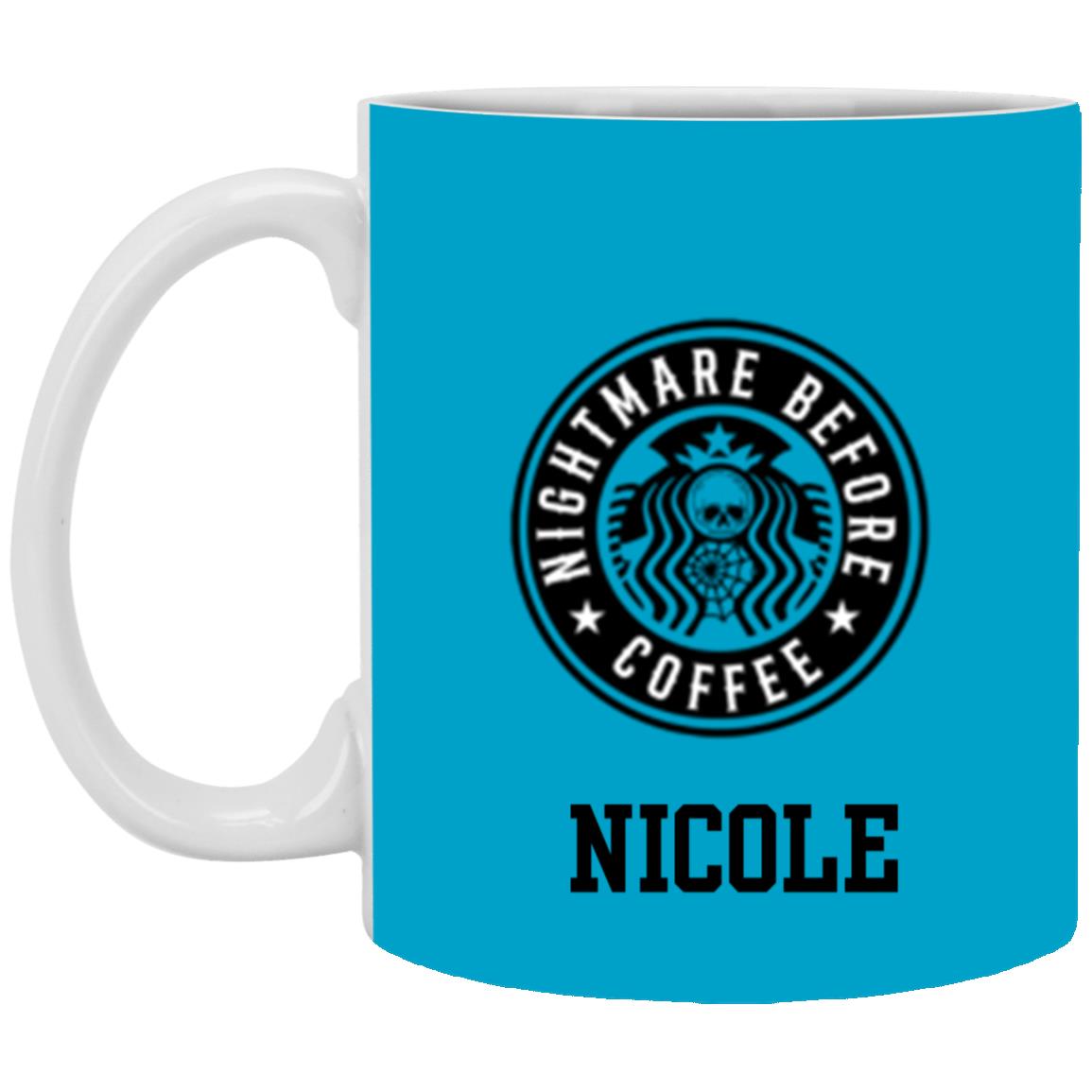 Personalized White Mug w/ Background Color "Nightmare Before Coffee"